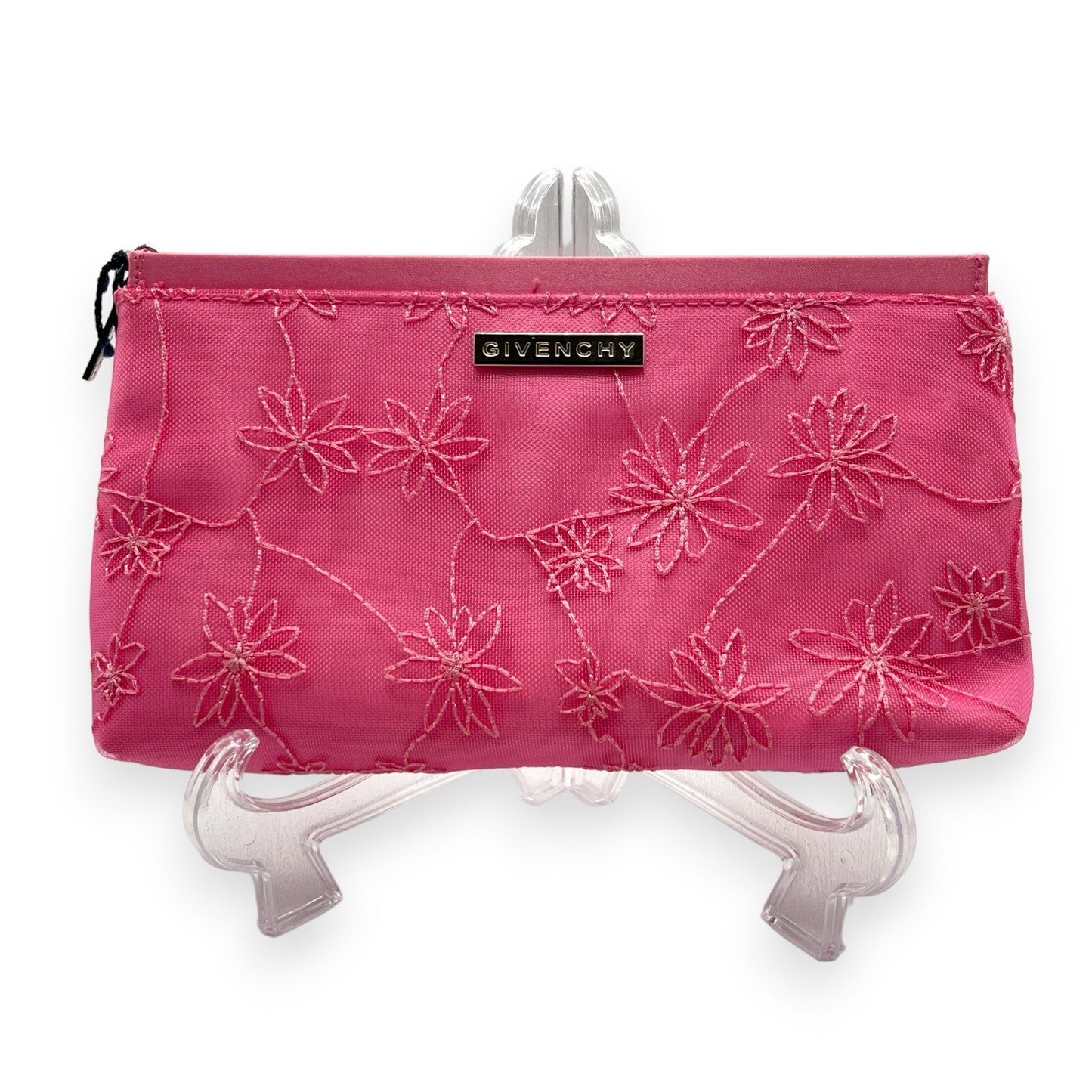 Givenchy Cosmetic Pouch Pink Floral Pattern Silver Logo Zipper