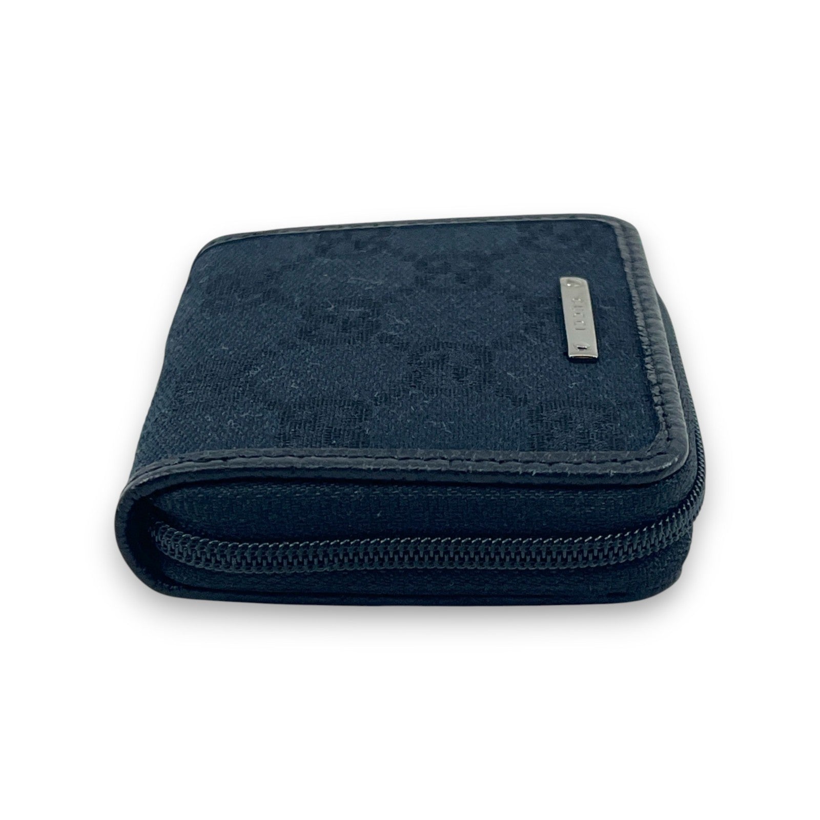 Gucci GG Canvas Coin Purse Black Leather Trim Compact w/ Box