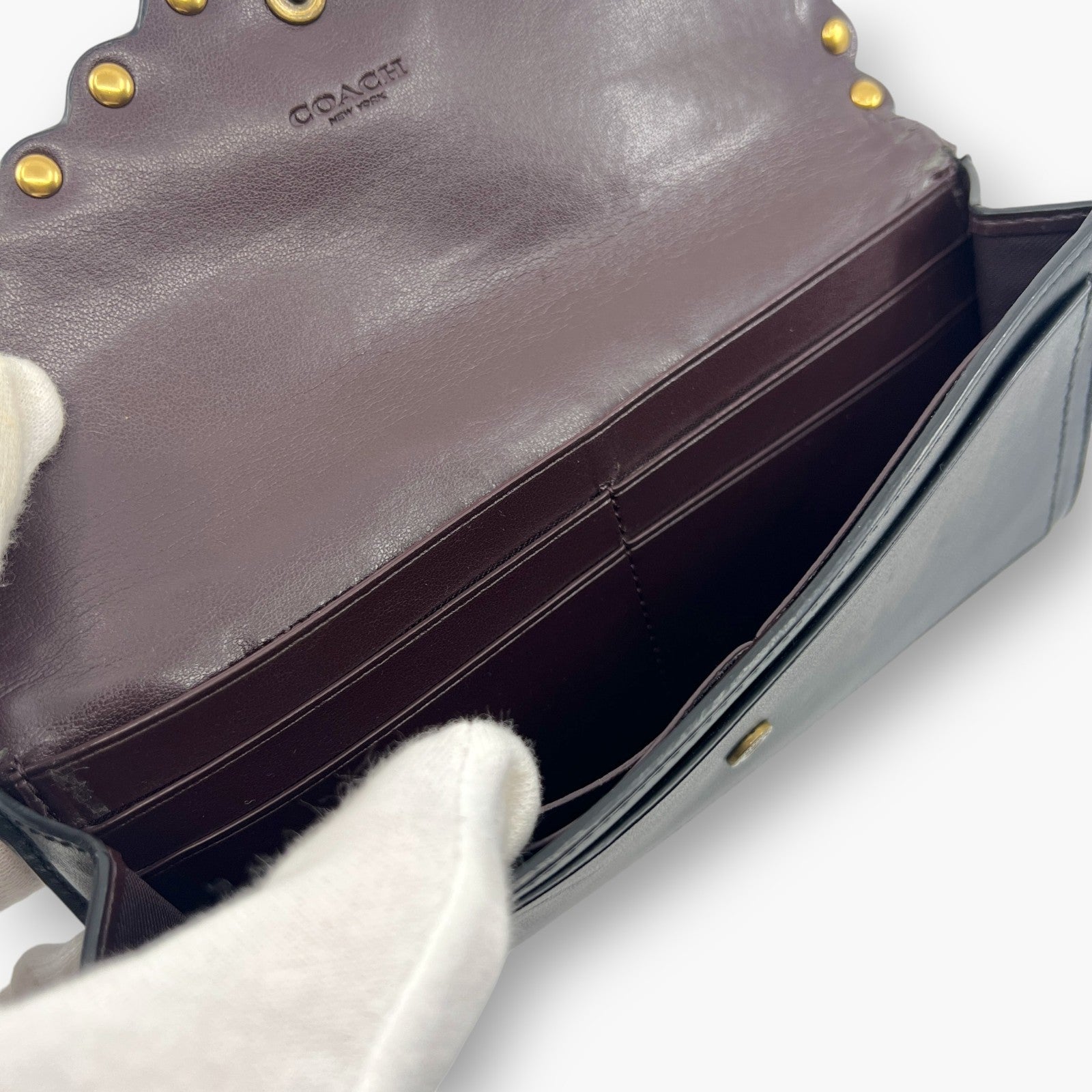 Coach Studded Scallop Flap Long Wallet Snap Closure Black Leather