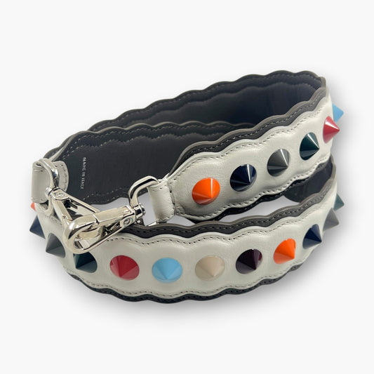 FENDI Strap You Shoulder Strap White Leather Multi-Color Studs
