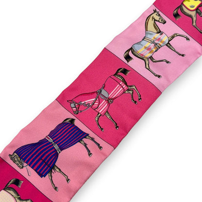 Hermès Twilly Silk Scarf Pink Horses Print 100% Silk with Box