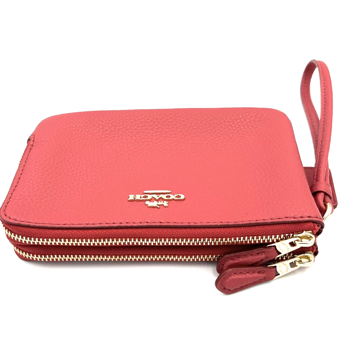 Coach Leather Double Corner Zip Wristlet Pouch in Red with Charm