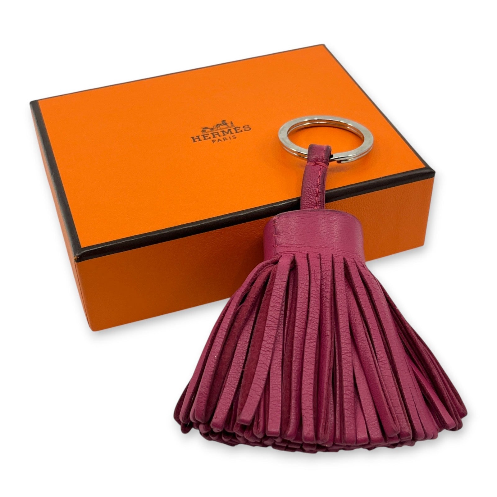 Hermès Carmen Rose Pourpre Pink Leather Tassel Key Ring Charm w/ Box