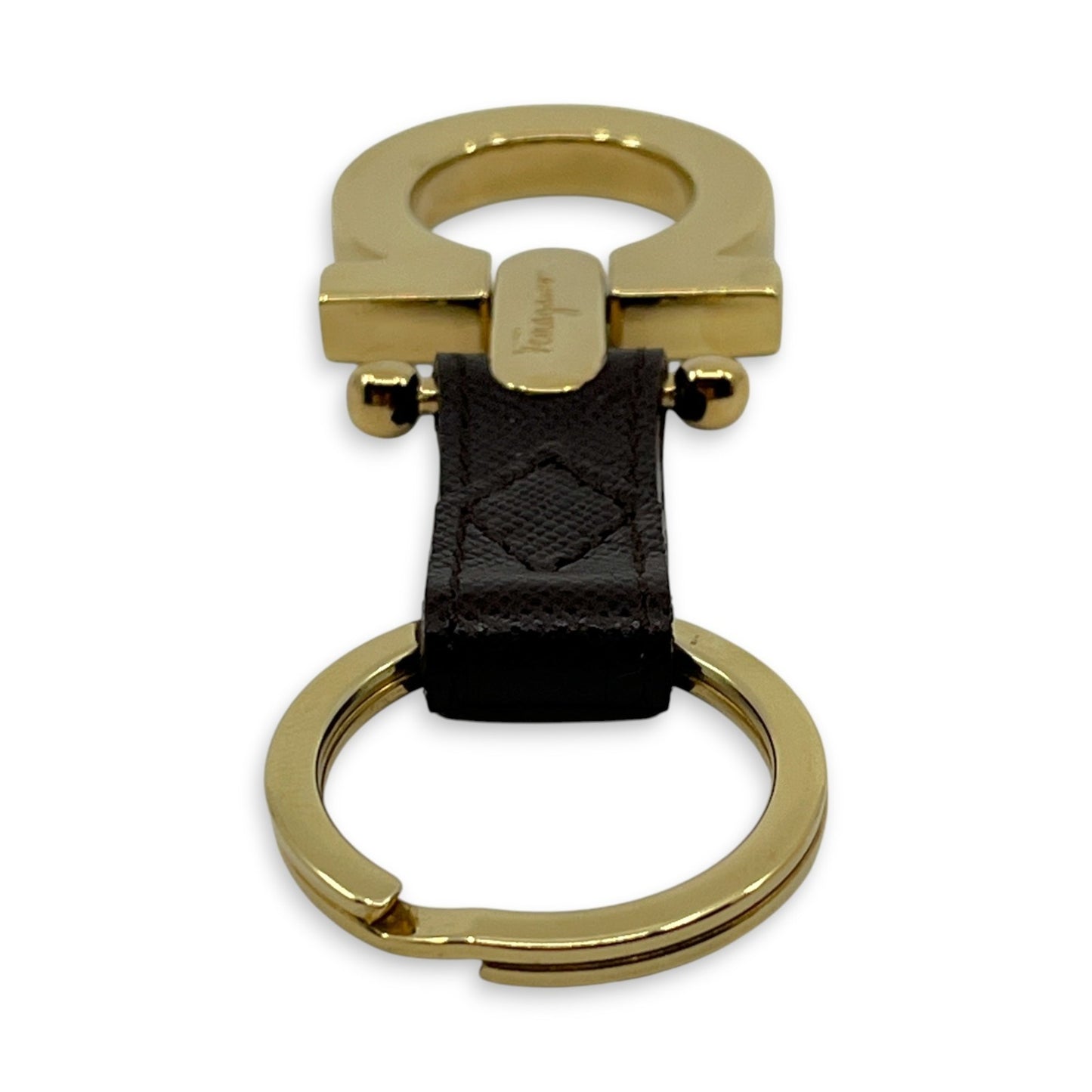 Salvatore Ferragamo Gold-Tone Gancini Key Ring Charm Dark Brown Leather w/ Box