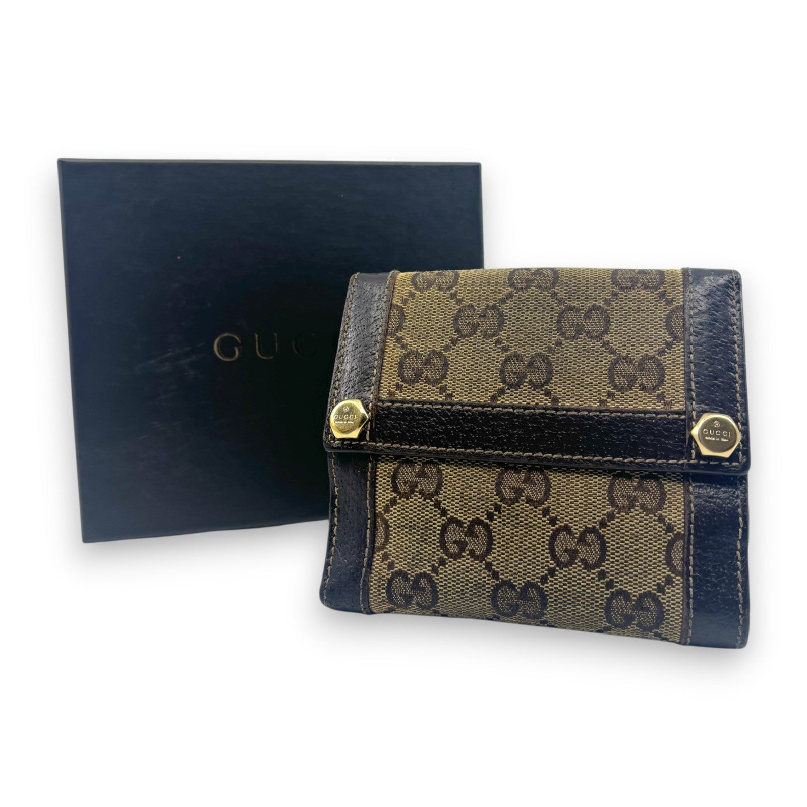 Gucci GG Canvas Bifold Wallet Brown Leather Trim w/ Box