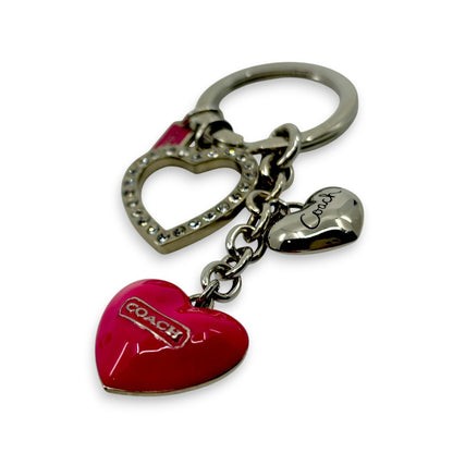 Coach Heart Charm Keychain Pink Silver-Tone with Rhinestone Detail