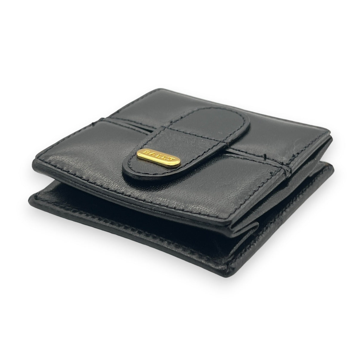Bally Logo Plated Leather Coin Purse Wallet Black Compact