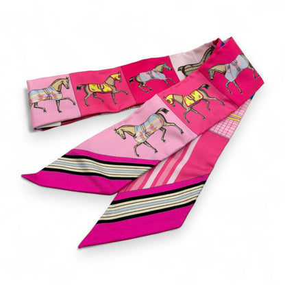 Hermès Twilly Silk Scarf Pink Horses Print 100% Silk with Box