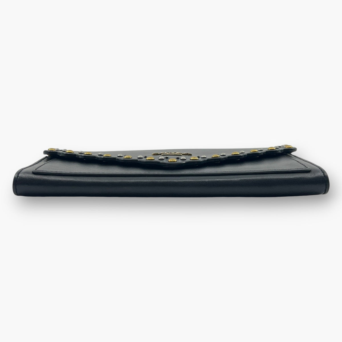 Coach Studded Scallop Flap Long Wallet Snap Closure Black Leather