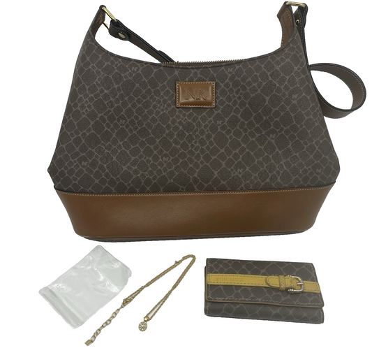 Nina Rich Leather Shoulder Bag Brown Key Case Necklace 3 Set