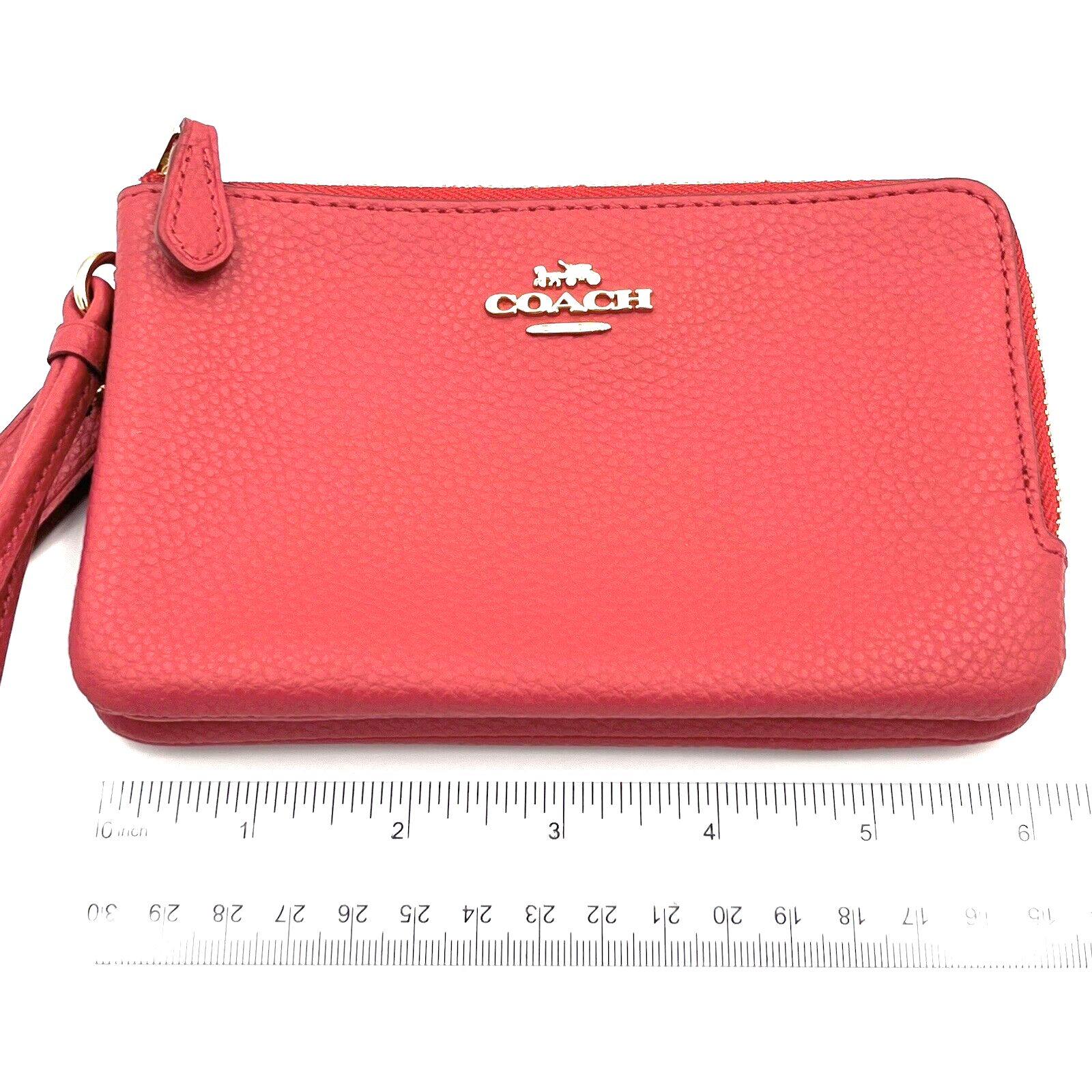 Coach Leather Double Corner Zip Wristlet Pouch in Red with Charm