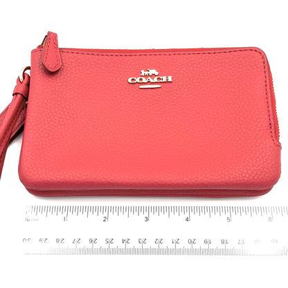 Coach Leather Double Corner Zip Wristlet Pouch in Red with Charm