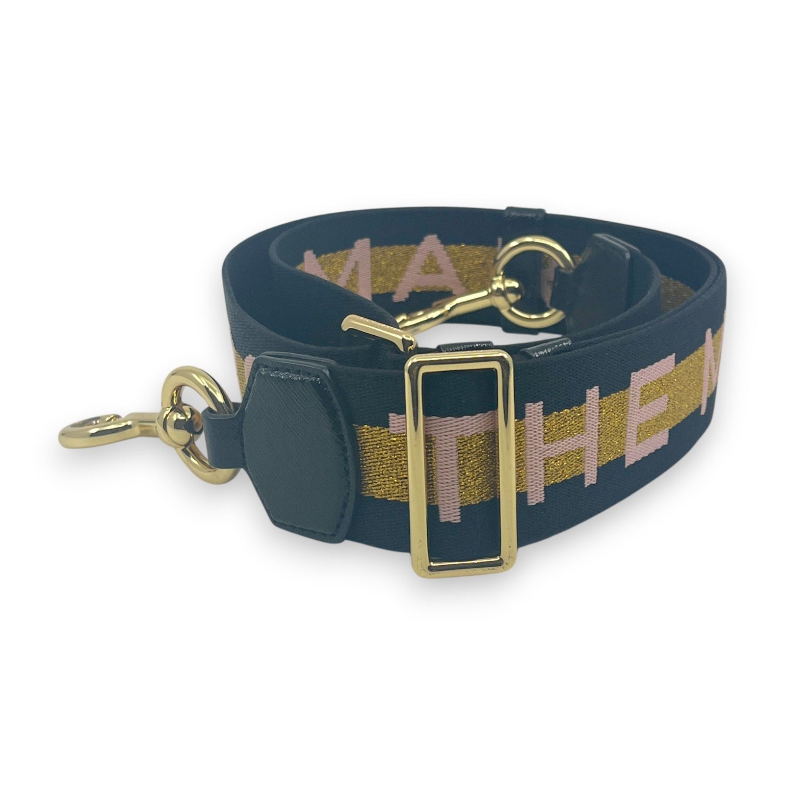 Marc Jacobs Adjustable Webbing Strap Black Gold with Pink Woven Logo