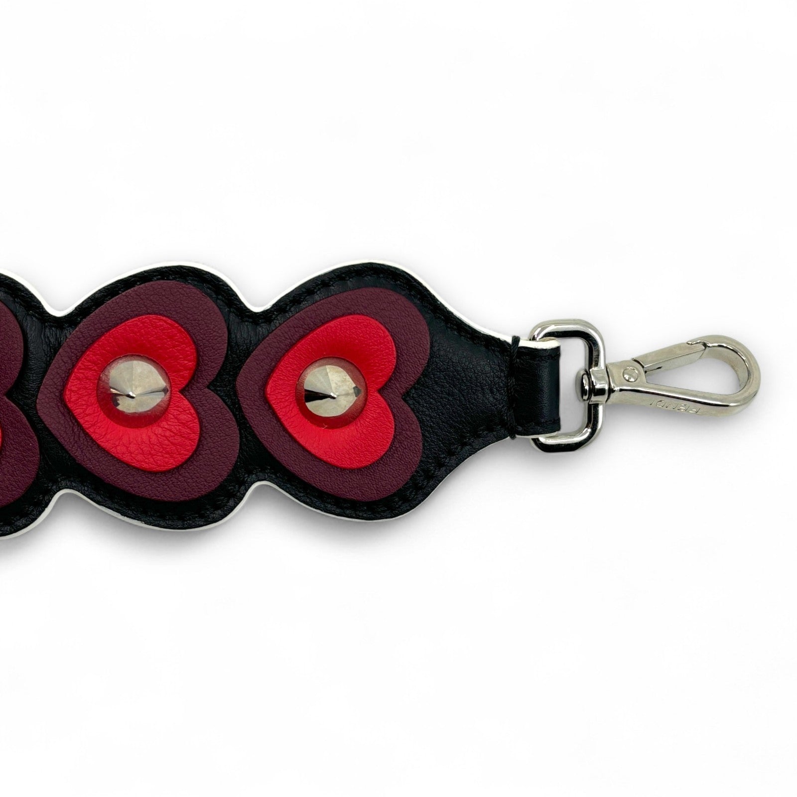 Fendi Strap You Black Leather Bag Strap with Red Heart Studs