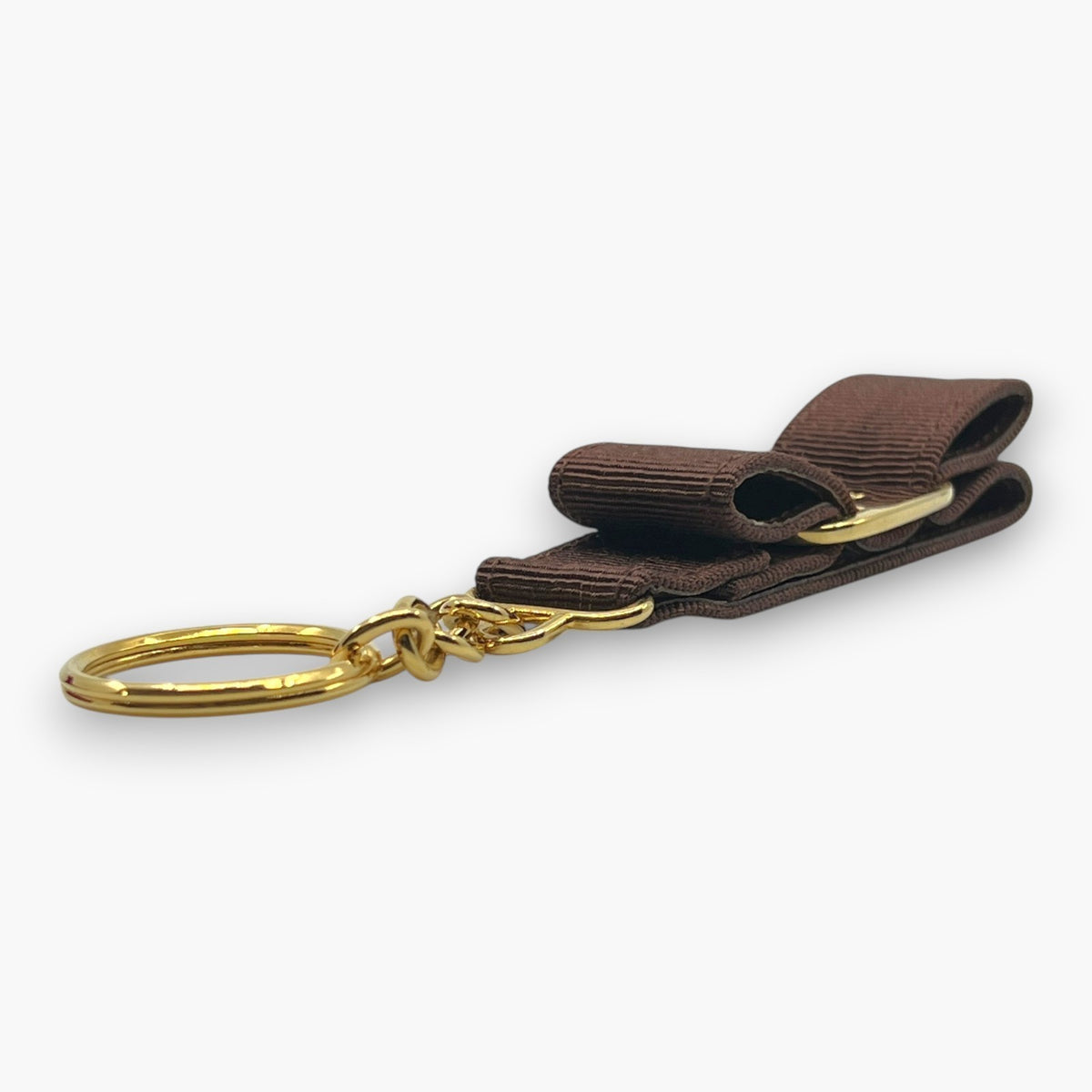 Ferragamo Vara Ribbon Keychain Key Ring Brown Gold 22-3055 W/ Box Card