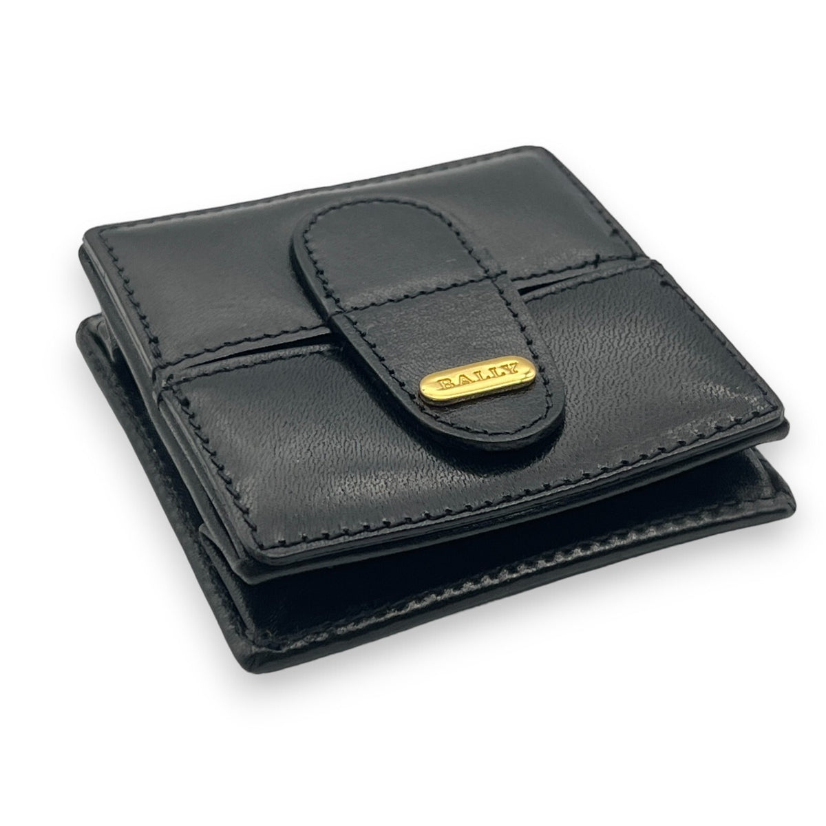 Bally Logo Plated Leather Coin Purse Wallet Black Compact