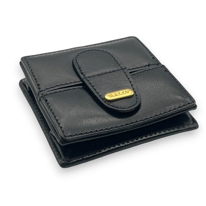 Bally Logo Plated Leather Coin Purse Wallet Black Compact