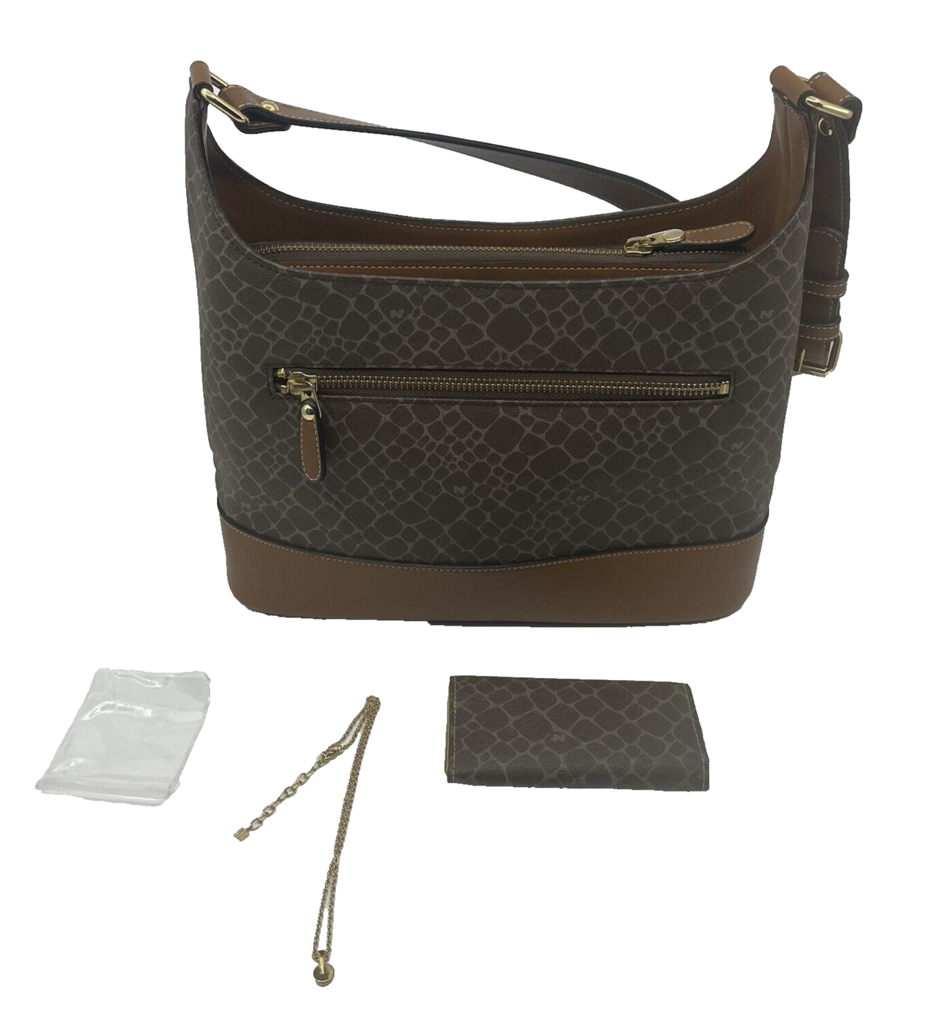 Nina Rich Leather Shoulder Bag Brown Key Case Necklace 3 Set