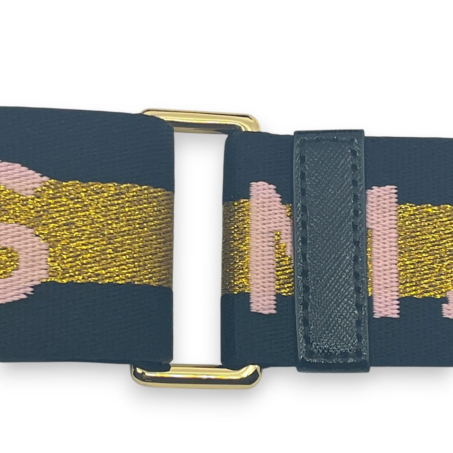 Marc Jacobs Adjustable Webbing Strap Black Gold with Pink Woven Logo