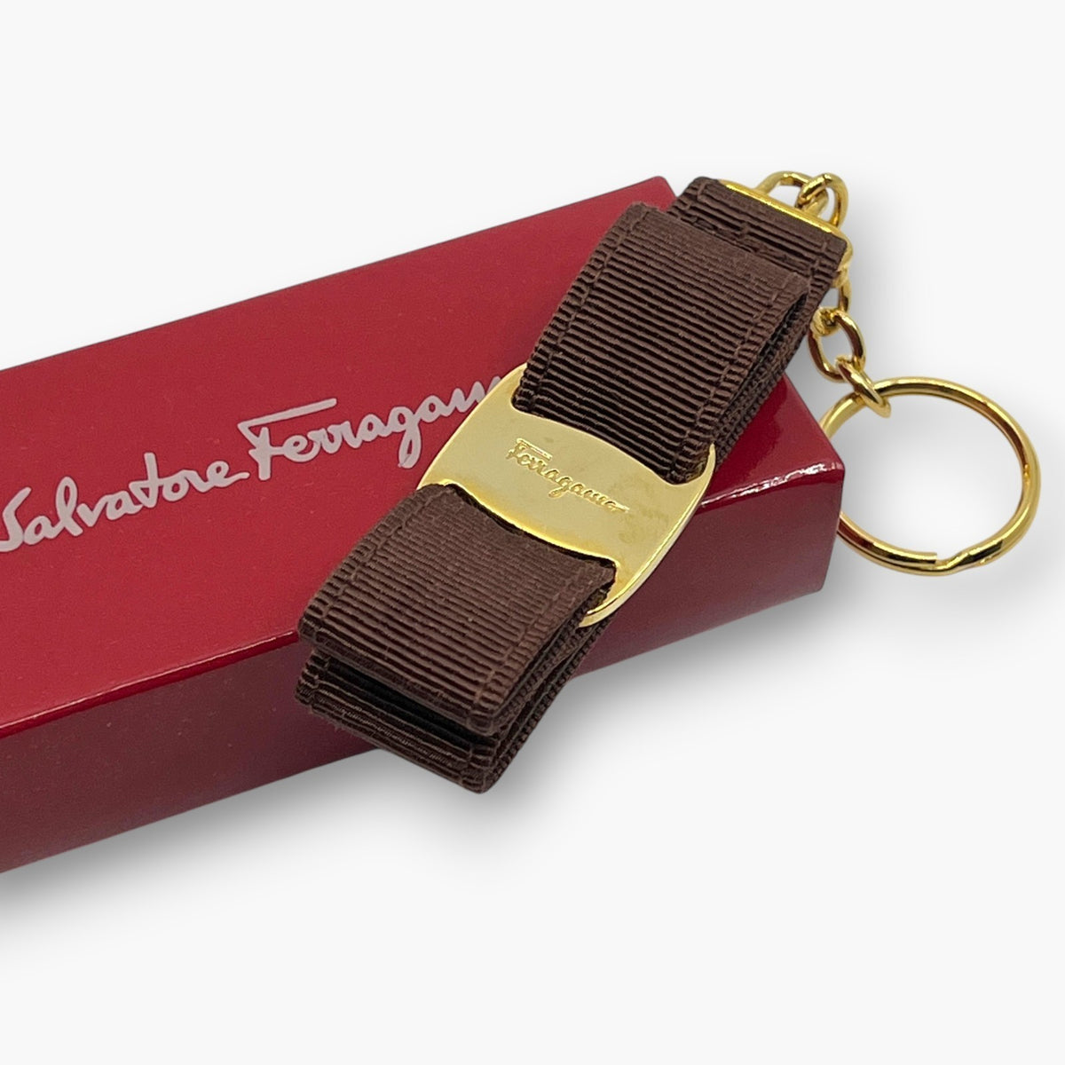 Ferragamo Vara Ribbon Keychain Key Ring Brown Gold 22-3055 W/ Box Card