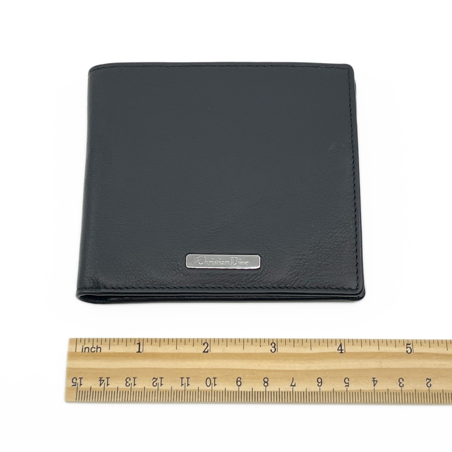 Christian Dior Black Leather Bifold Wallet with Silver Logo Plate