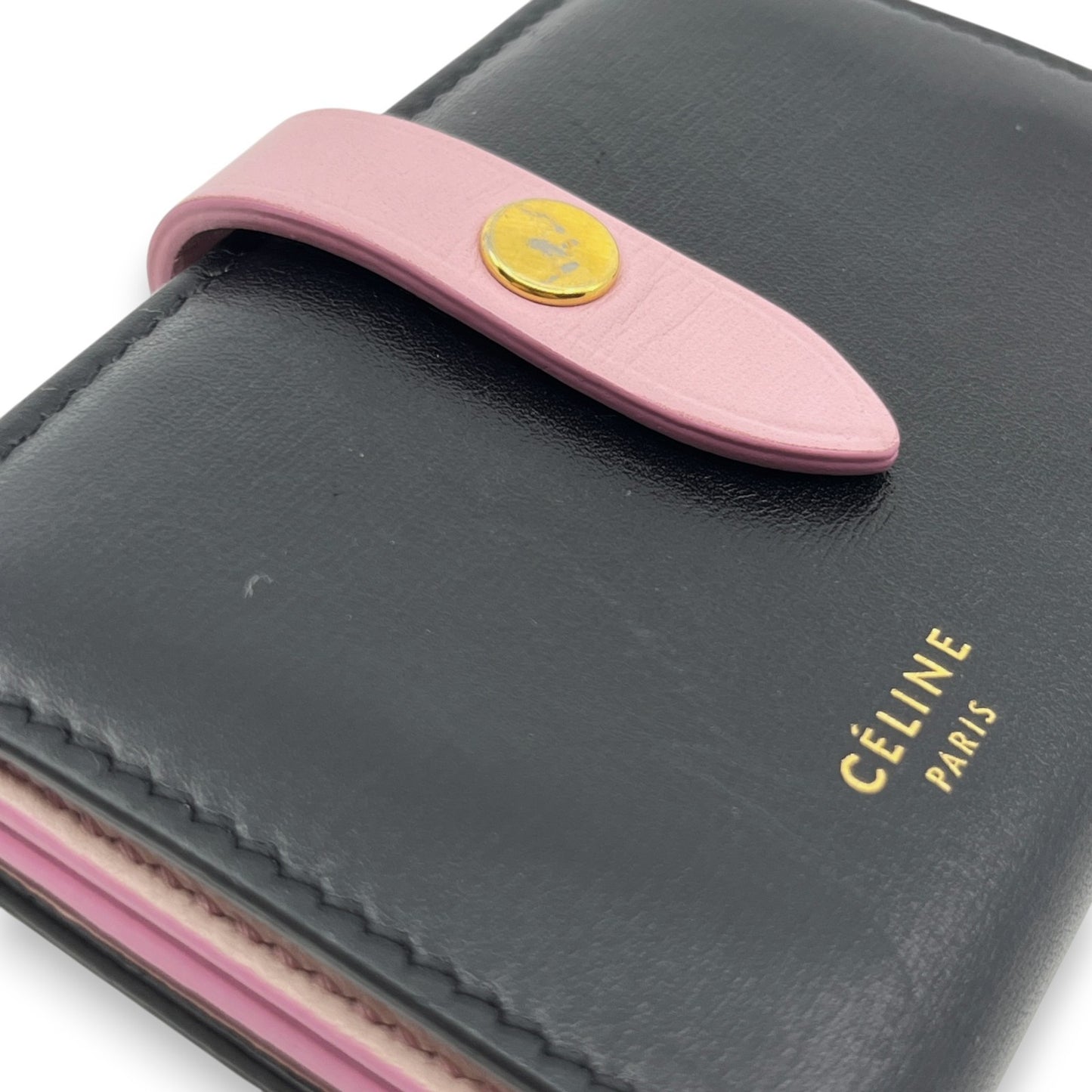 Celine Black Pink Leather Card Holder with Snap Tab