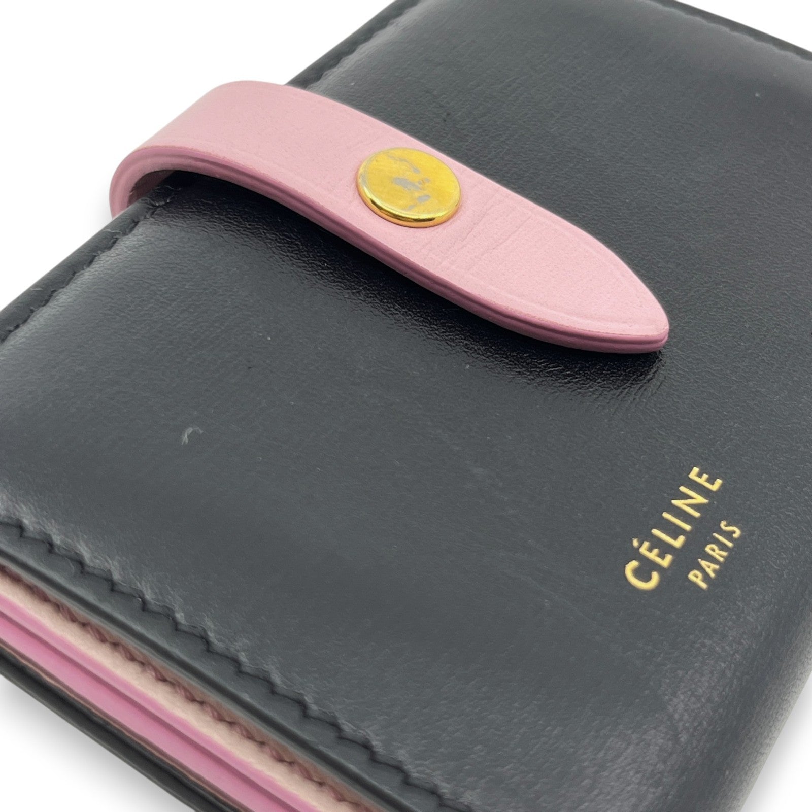 Celine Black Pink Leather Card Holder with Snap Tab