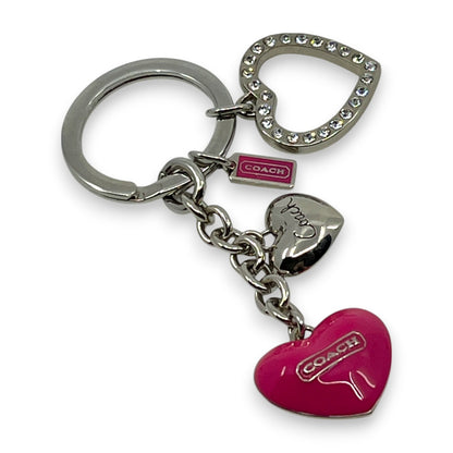 Coach Heart Charm Keychain Pink Silver-Tone with Rhinestone Detail