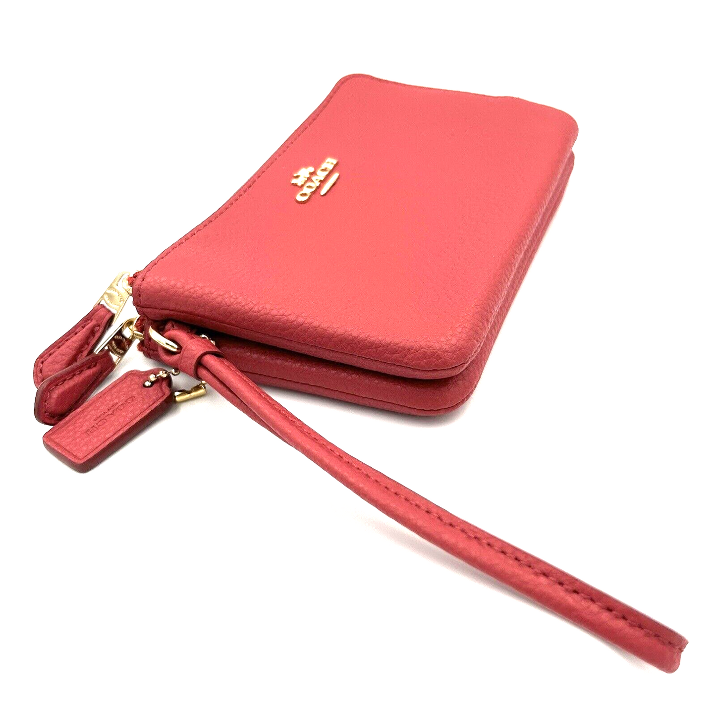 Coach Leather Double Corner Zip Wristlet Pouch in Red with Charm