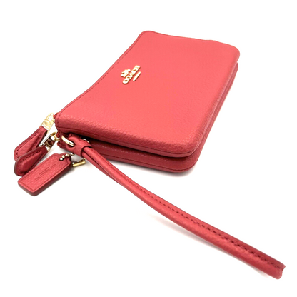 Coach Leather Double Corner Zip Wristlet Pouch in Red with Charm