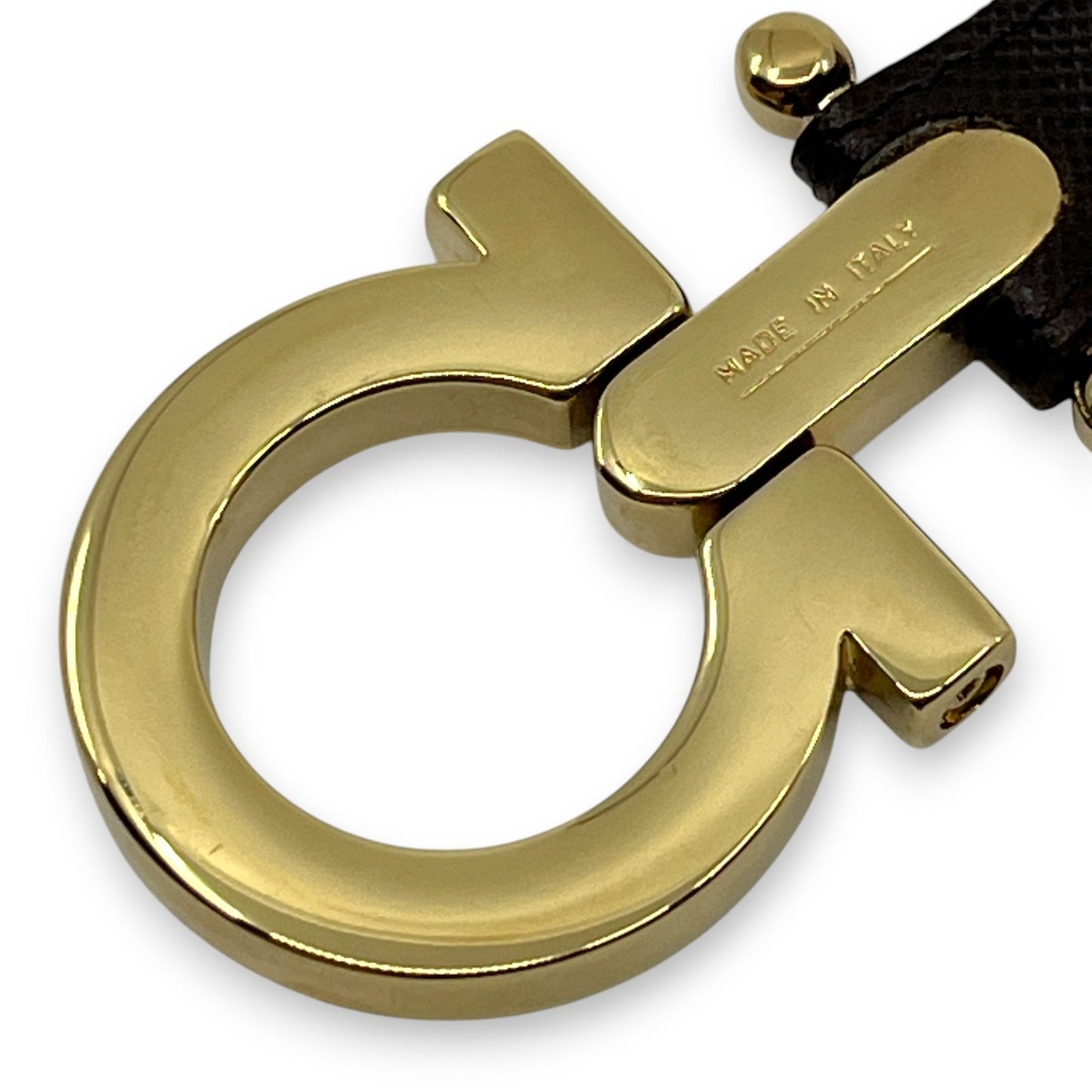 Salvatore Ferragamo Gold-Tone Gancini Key Ring Charm Dark Brown Leather w/ Box