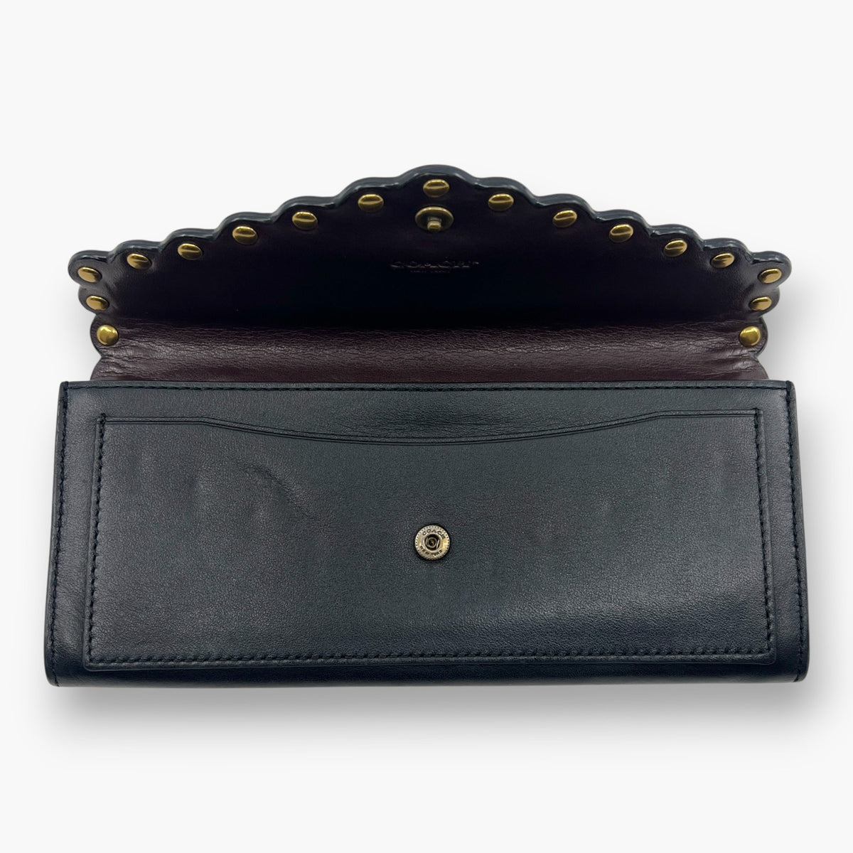 Coach Studded Scallop Flap Long Wallet Snap Closure Black Leather