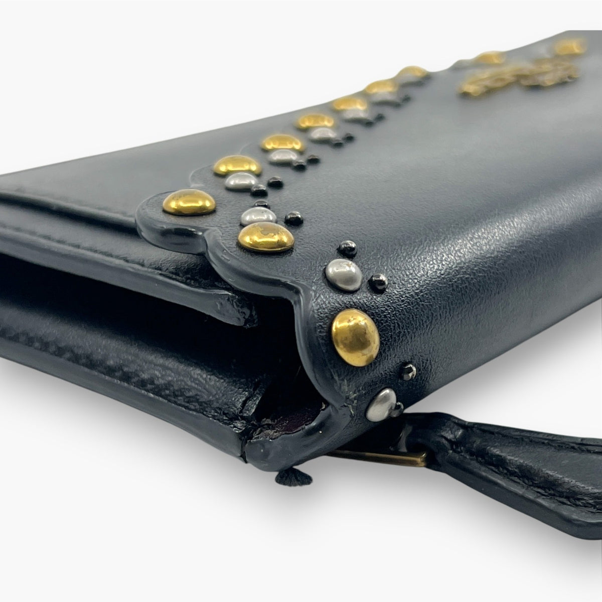 Coach Studded Scallop Flap Long Wallet Snap Closure Black Leather