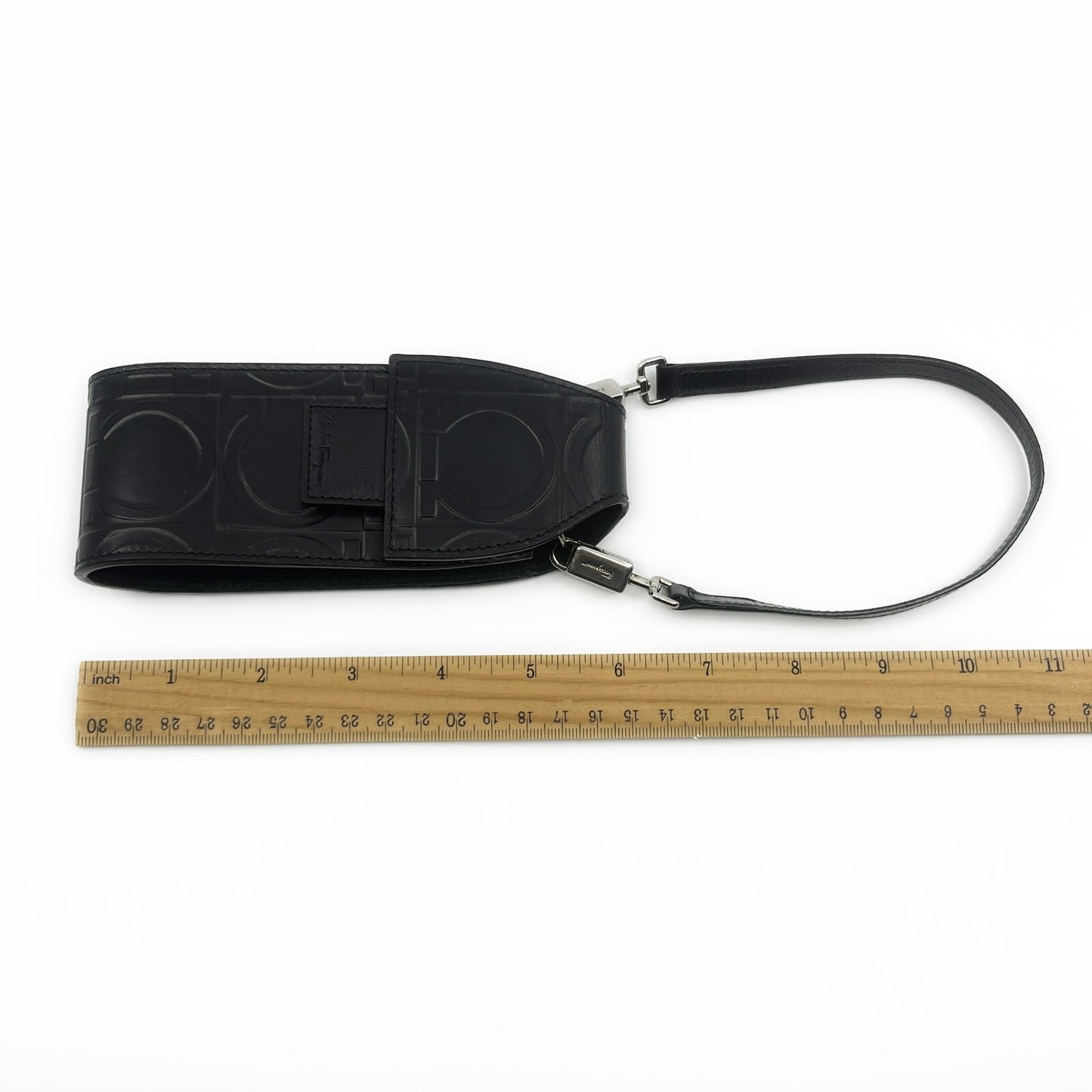 Salvatore Ferragamo Gancini Embossed Leather Mini Pouch Black  w/ Dust Bag