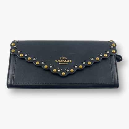 Coach Studded Scallop Flap Long Wallet Snap Closure Black Leather
