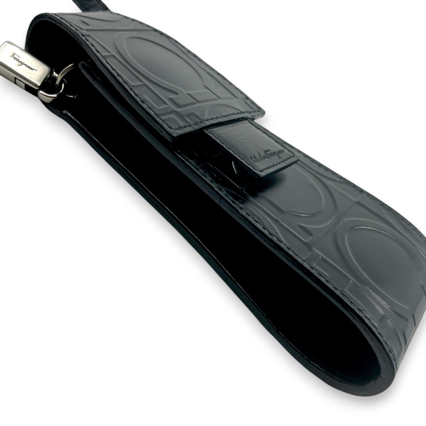 Salvatore Ferragamo Gancini Embossed Leather Mini Pouch Black  w/ Dust Bag