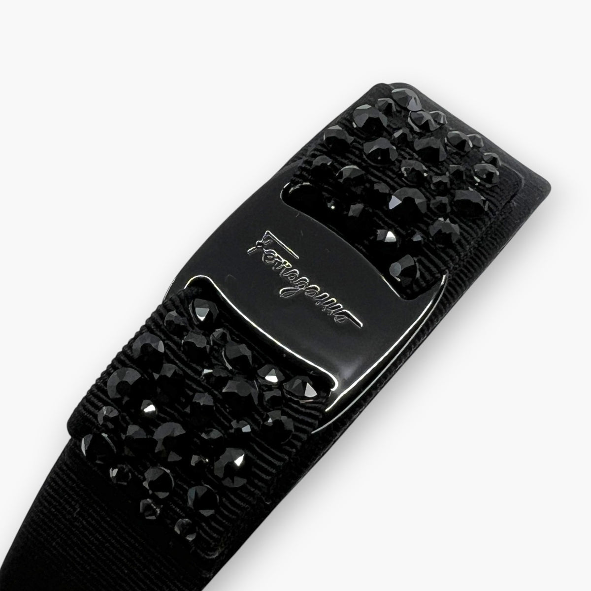 Salvatore Ferragamo Vara Ribbon Headband Crystal Black Italy W/ Dust Bag
