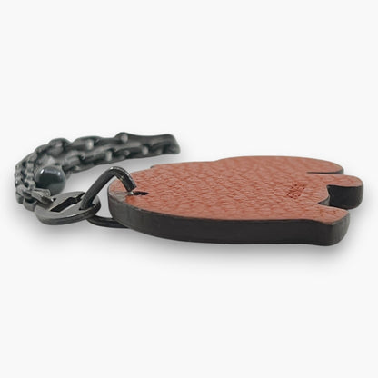 HERMES Hippopotamus Hippo Bag Charm Orange Brown Leather Silver Chain