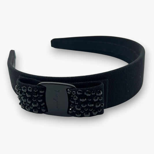 Salvatore Ferragamo Vara Ribbon Headband Crystal Black Italy W/ Dust Bag