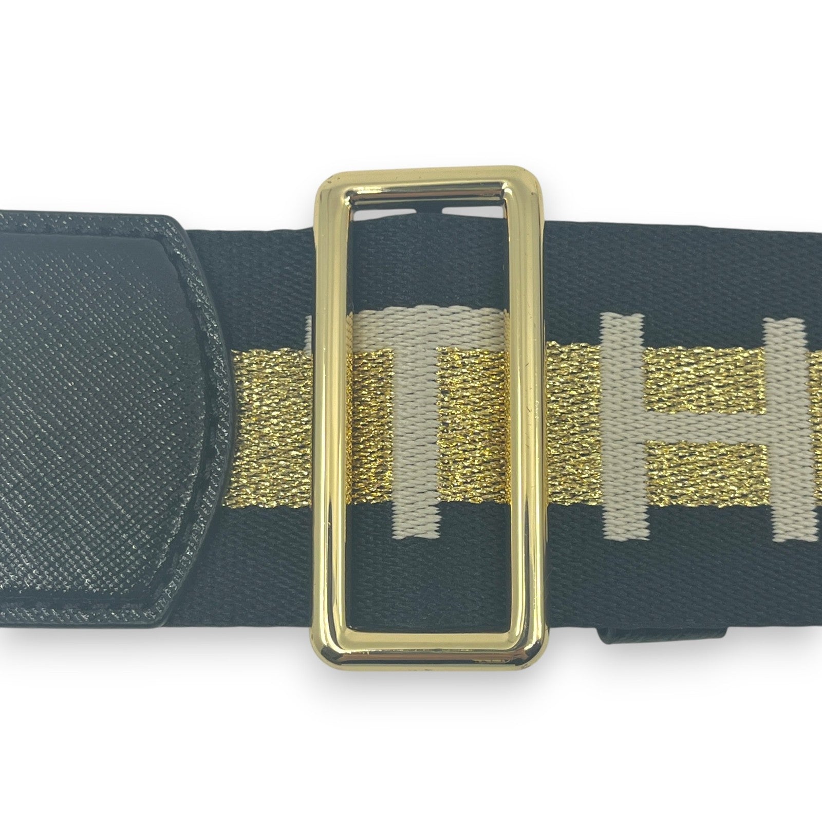 Marc Jacobs Adjustable Webbing Strap Black Gold with White Woven Logo