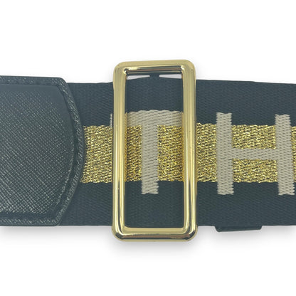 Marc Jacobs Adjustable Webbing Strap Black Gold with White Woven Logo