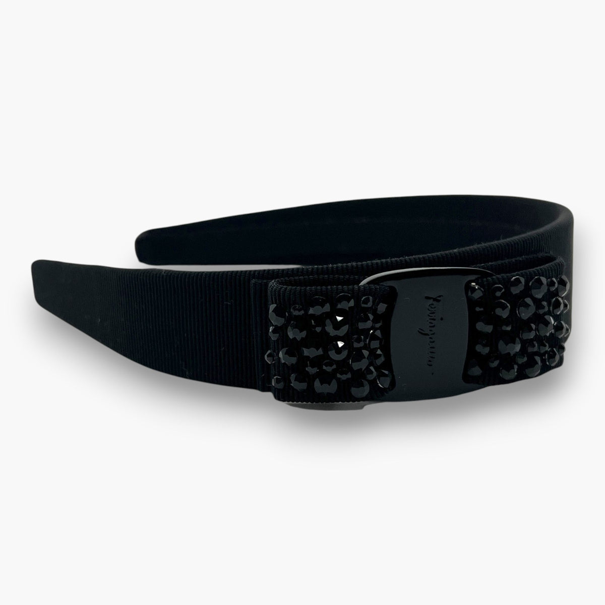 Salvatore Ferragamo Vara Ribbon Headband Crystal Black Italy W/ Dust Bag