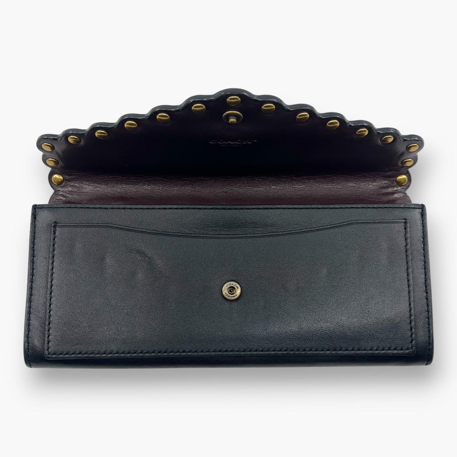 Coach Studded Scallop Flap Long Wallet Snap Closure Black Leather