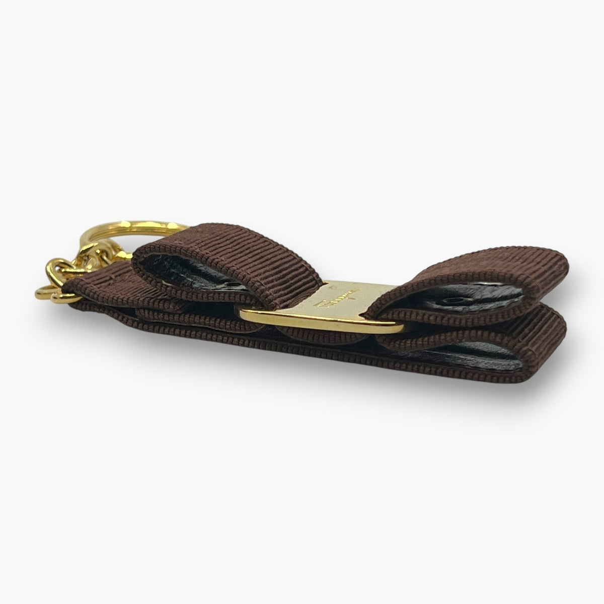 Ferragamo Vara Ribbon Keychain Key Ring Brown Gold 22-3055 W/ Box Card
