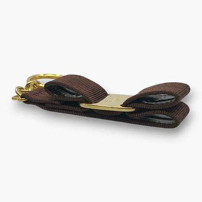 Ferragamo Vara Ribbon Keychain Key Ring Brown Gold 22-3055 W/ Box Card