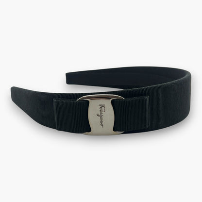 Ferragamo Vara Bow Headband Hair Band Black Silver Hardware Wide