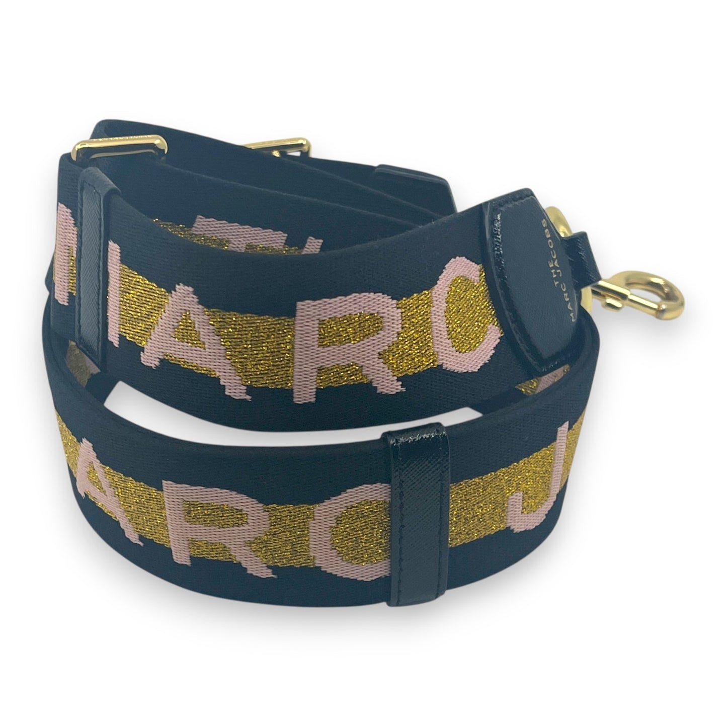 Marc Jacobs Adjustable Webbing Strap Black Gold with Pink Woven Logo
