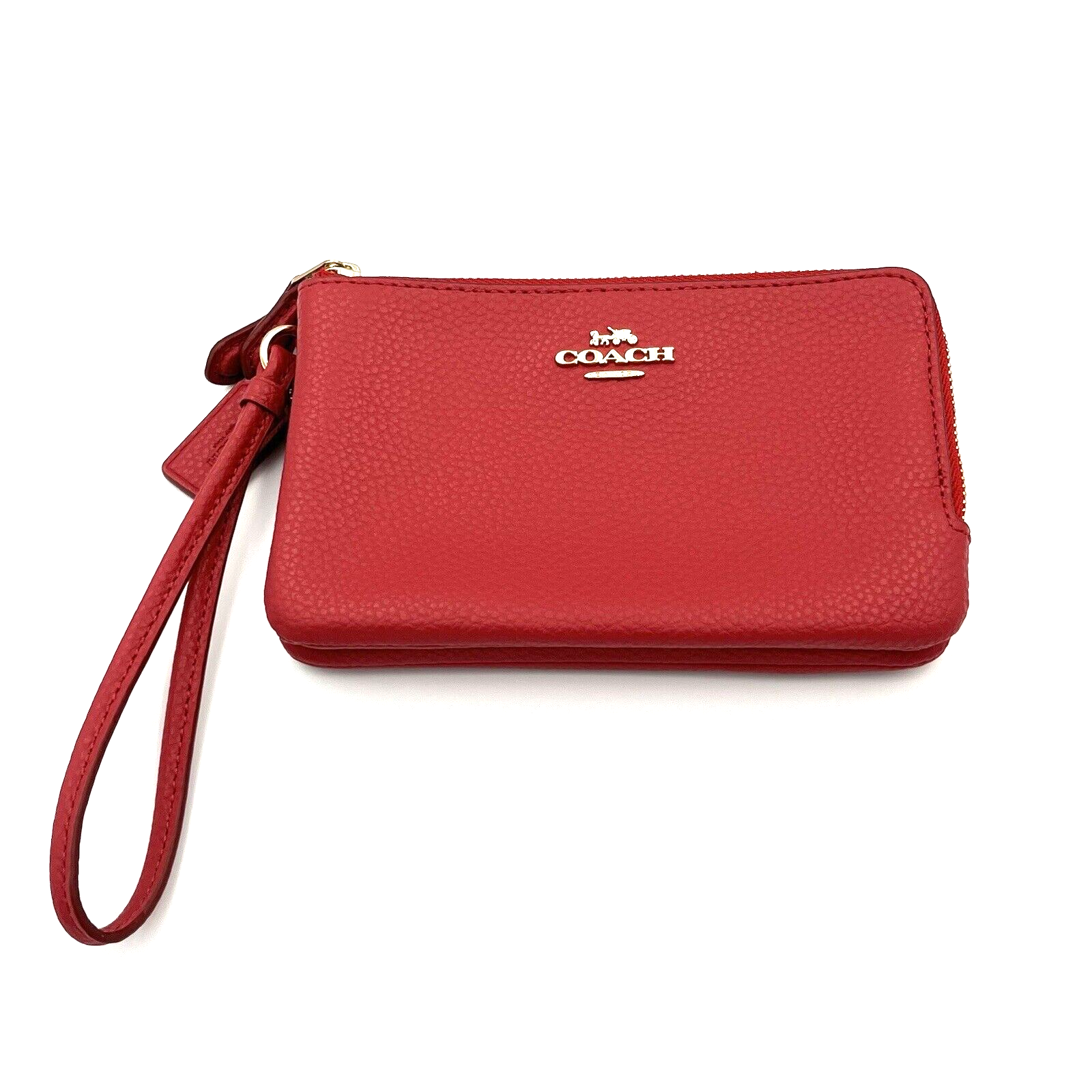 Coach Leather Double Corner Zip Wristlet Pouch in Red with Charm