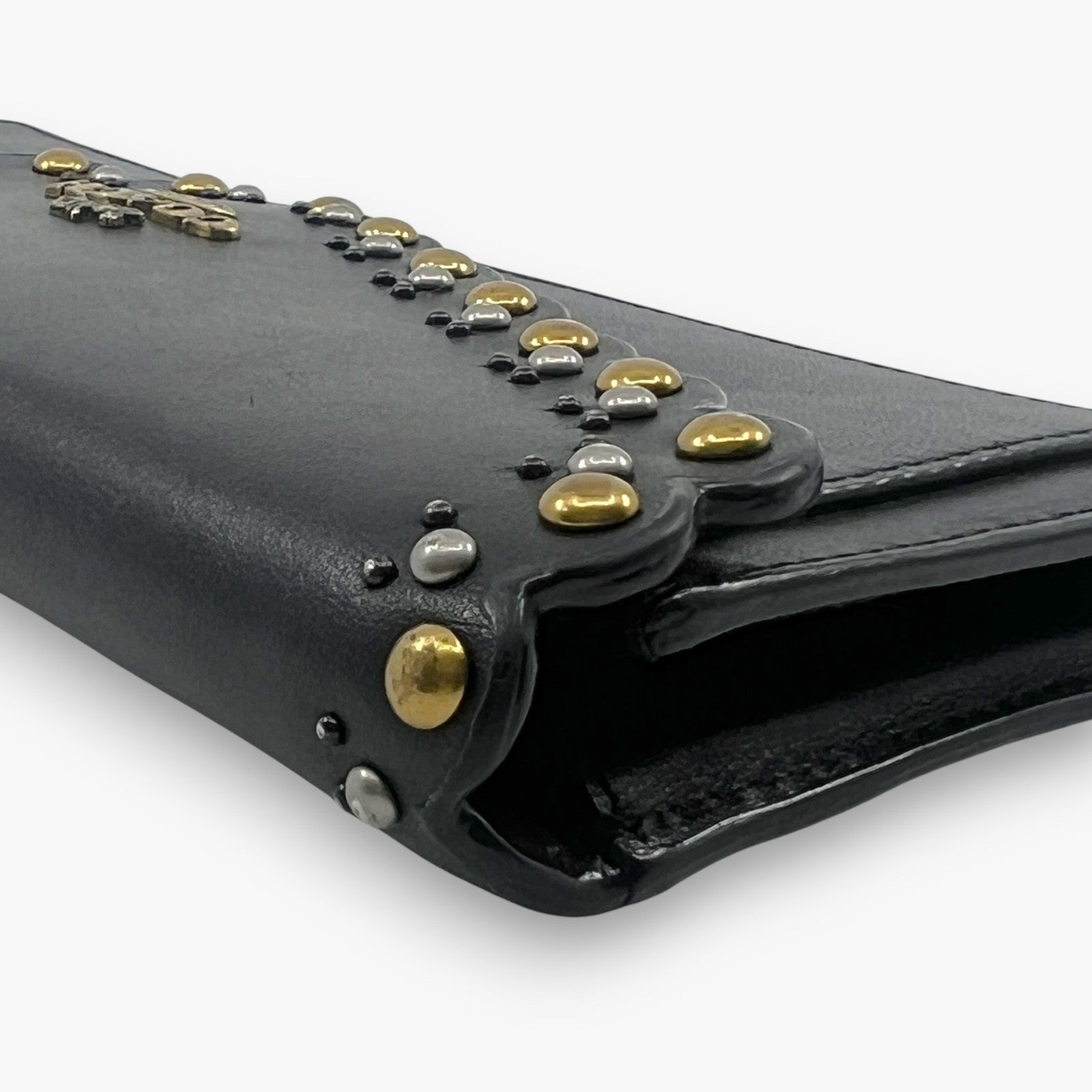 Coach Studded Scallop Flap Long Wallet Snap Closure Black Leather