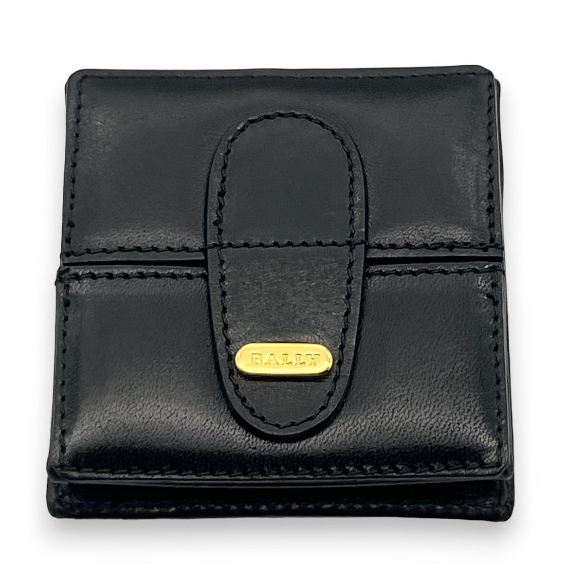 Bally Logo Plated Leather Coin Purse Wallet Black Compact